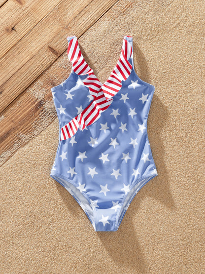 Independence Day 4th of July Family Matching Patriotic Swimwear Stars and Stripes Board Shorts or Ruffled Layers V-neck One-Piece Swimsuits Blue