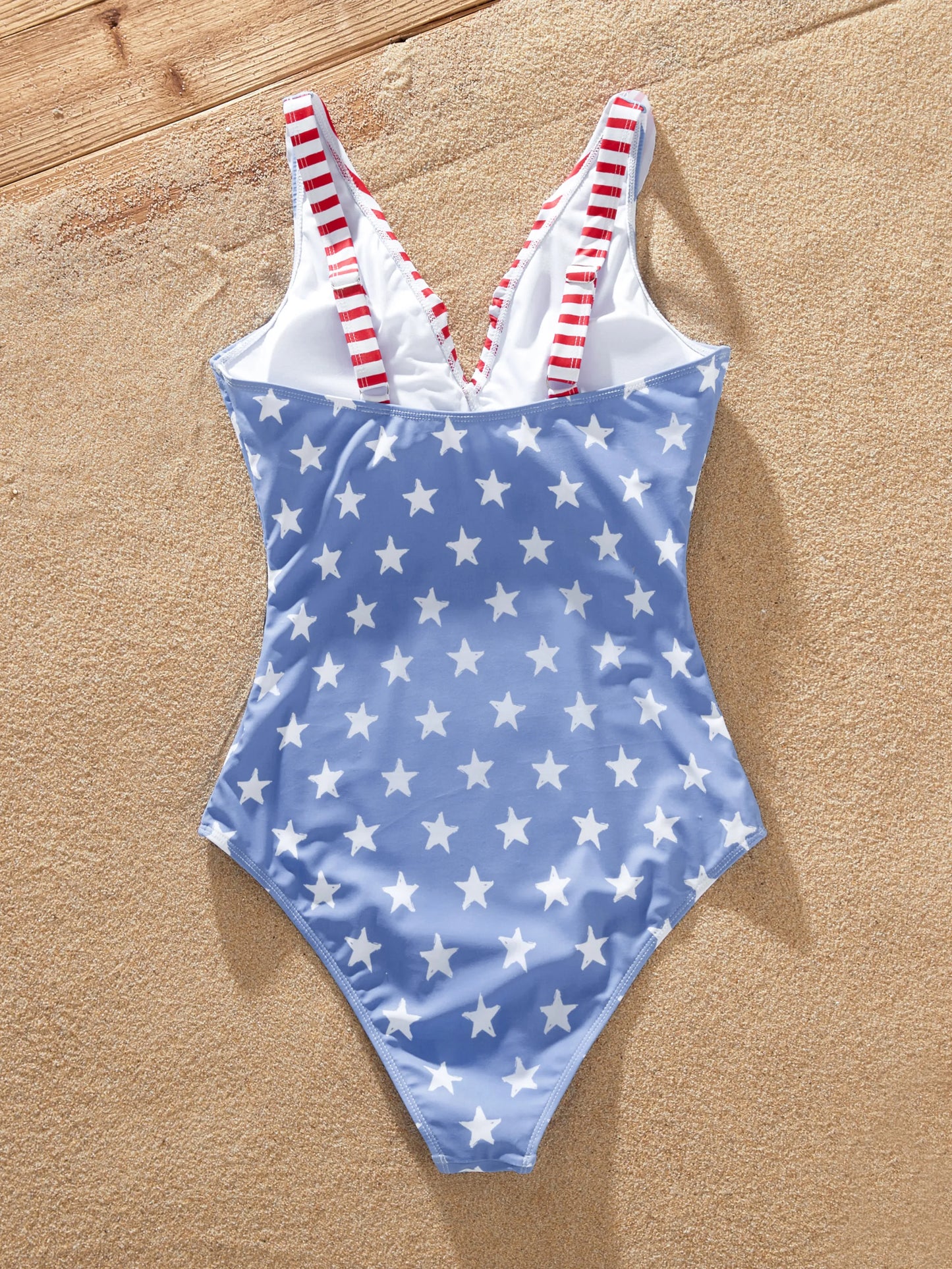 Independence Day 4th of July Family Matching Patriotic Swimwear Stars and Stripes Board Shorts or Ruffled Layers V-neck One-Piece Swimsuits Blue