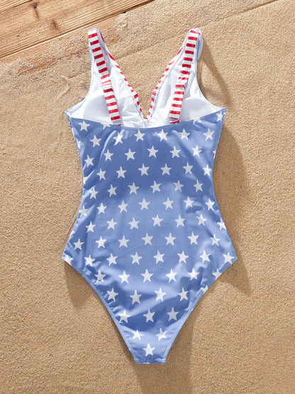 Independence Day 4th of July Family Matching Patriotic Swimwear Stars and Stripes Board Shorts or Ruffled Layers V-neck One-Piece Swimsuits Blue