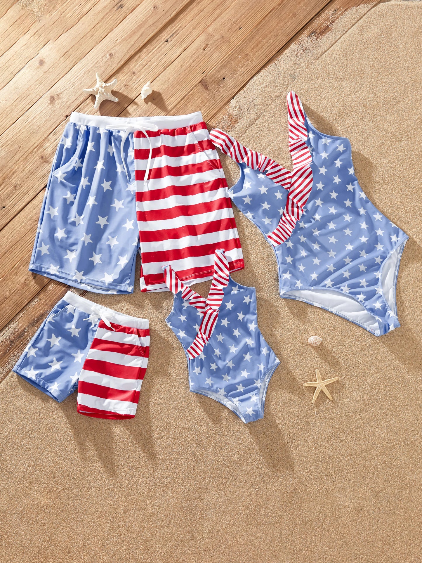 Independence Day 4th of July Family Matching Patriotic Swimwear Stars and Stripes Board Shorts or Ruffled Layers V-neck One-Piece Swimsuits Blue