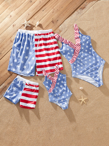 Independence Day 4th of July Family Matching Patriotic Swimwear Stars and Stripes Board Shorts or Ruffled Layers V-neck One-Piece Swimsuits Blue
