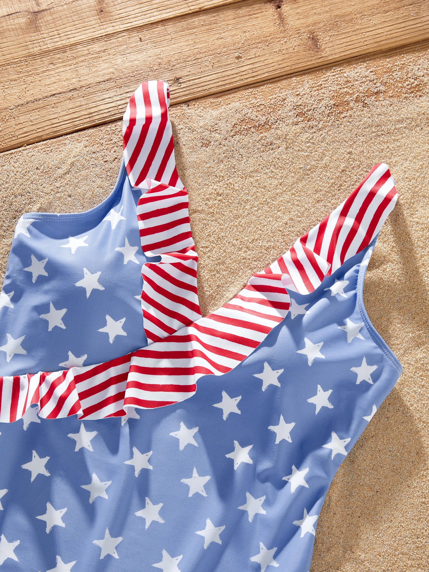 Independence Day 4th of July Family Matching Patriotic Swimwear Stars and Stripes Board Shorts or Ruffled Layers V-neck One-Piece Swimsuits Blue