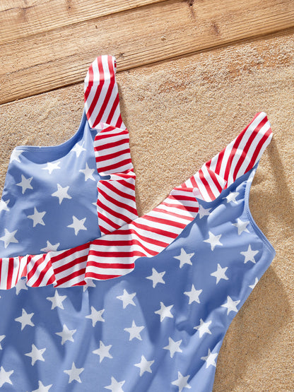 Independence Day 4th of July Family Matching Patriotic Swimwear Stars and Stripes Board Shorts or Ruffled Layers V-neck One-Piece Swimsuits Blue