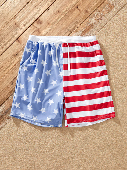 Independence Day 4th of July Family Matching Patriotic Swimwear Stars and Stripes Board Shorts or Ruffled Layers V-neck One-Piece Swimsuits Blue