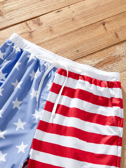 Independence Day 4th of July Family Matching Patriotic Swimwear Stars and Stripes Board Shorts or Ruffled Layers V-neck One-Piece Swimsuits Blue