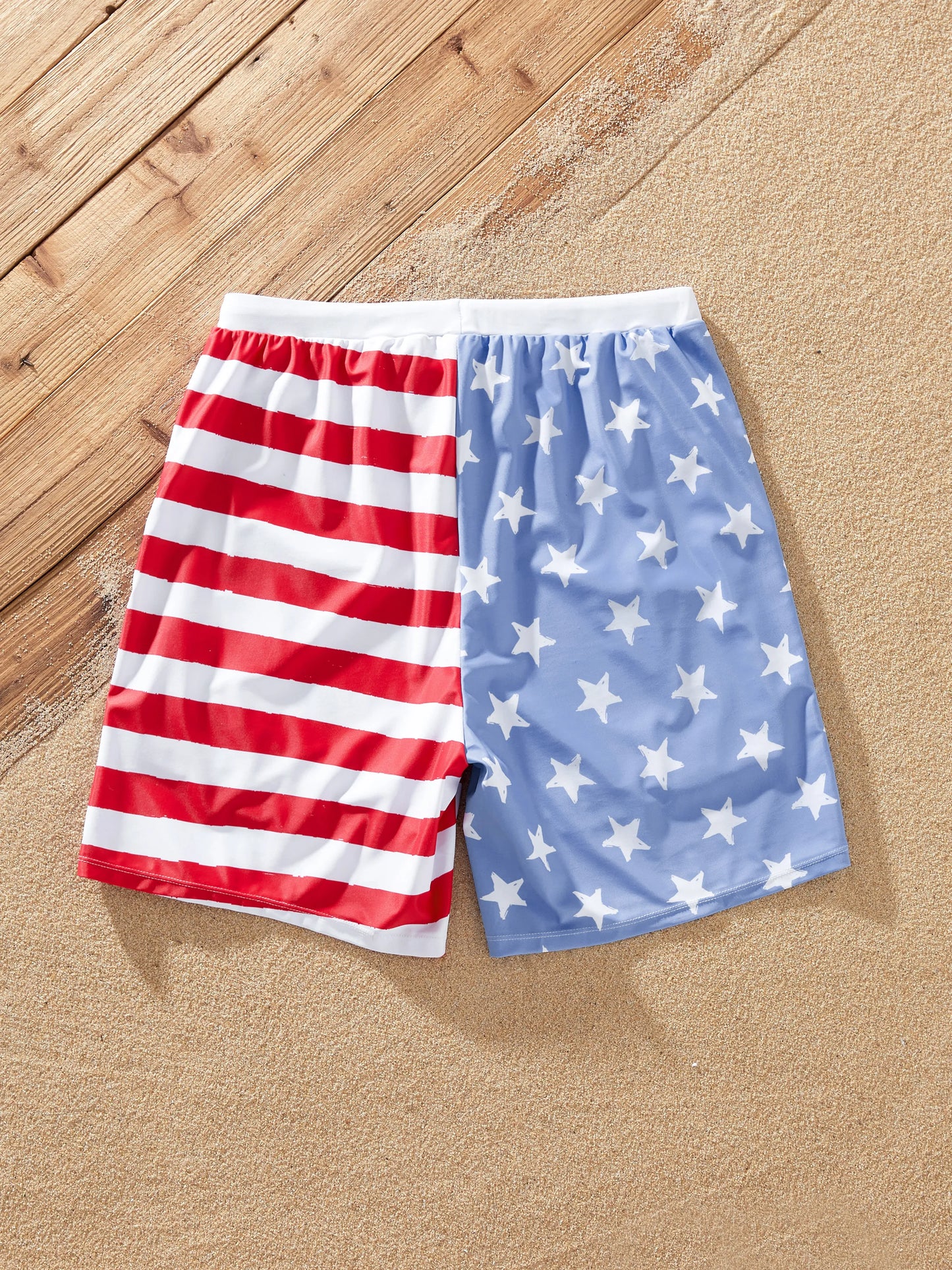 Independence Day 4th of July Family Matching Patriotic Swimwear Stars and Stripes Board Shorts or Ruffled Layers V-neck One-Piece Swimsuits Blue