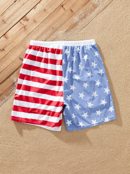 Independence Day 4th of July Family Matching Patriotic Swimwear Stars and Stripes Board Shorts or Ruffled Layers V-neck One-Piece Swimsuits Blue