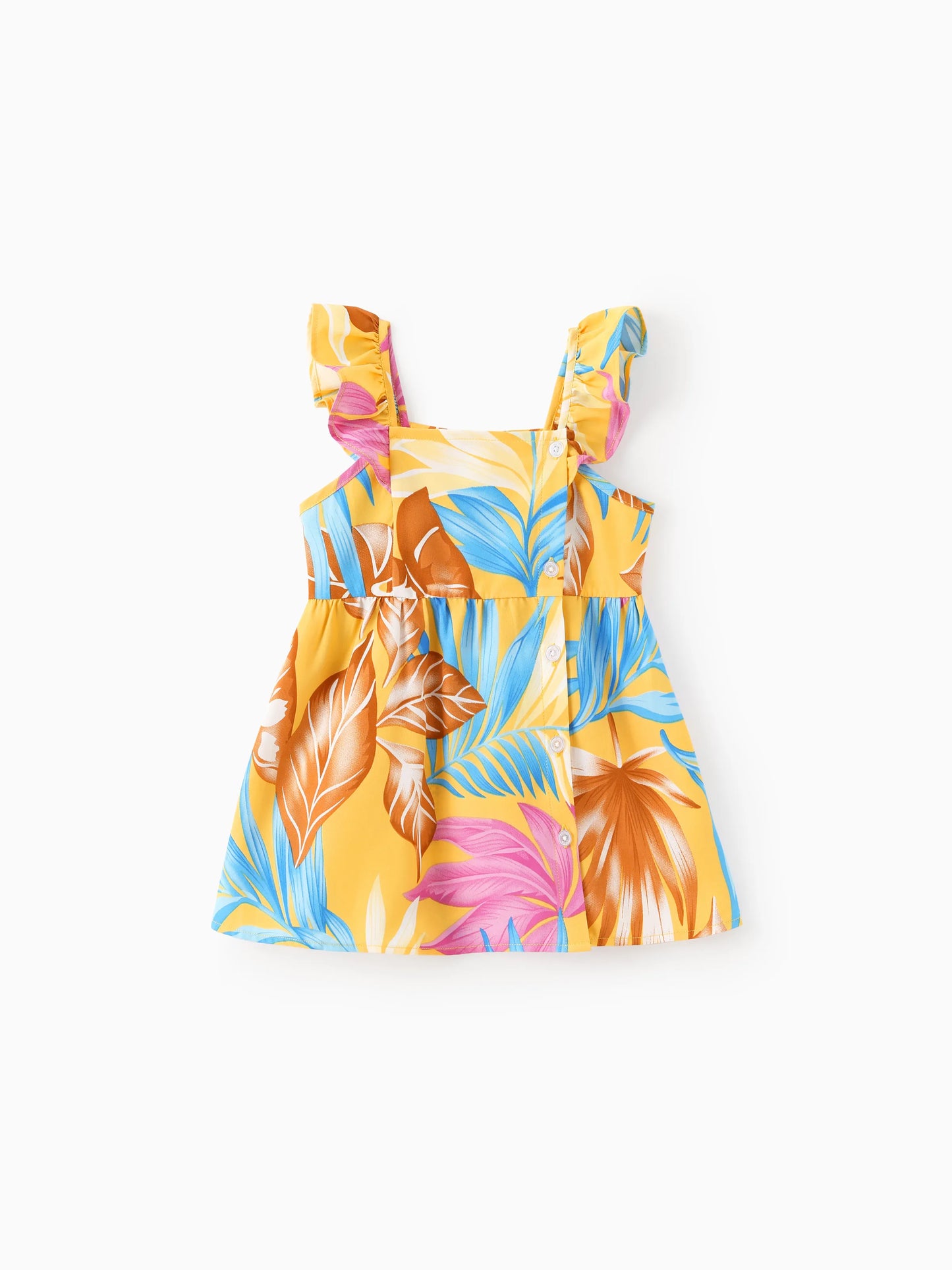 Family Matching Yellow Set Tropical Leaf Print Short-sleeve Shirt or Strap Dress Yellow