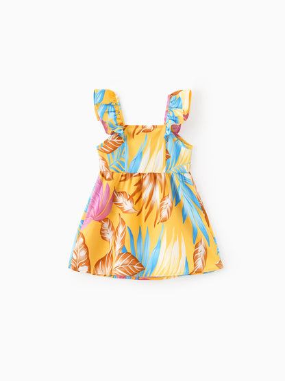 Family Matching Yellow Set Tropical Leaf Print Short-sleeve Shirt or Strap Dress Yellow
