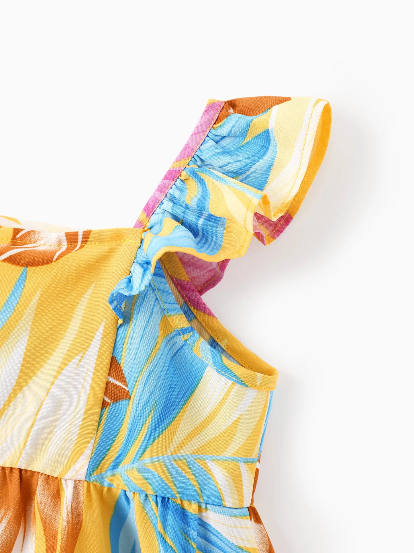 Family Matching Yellow Set Tropical Leaf Print Short-sleeve Shirt or Strap Dress Yellow