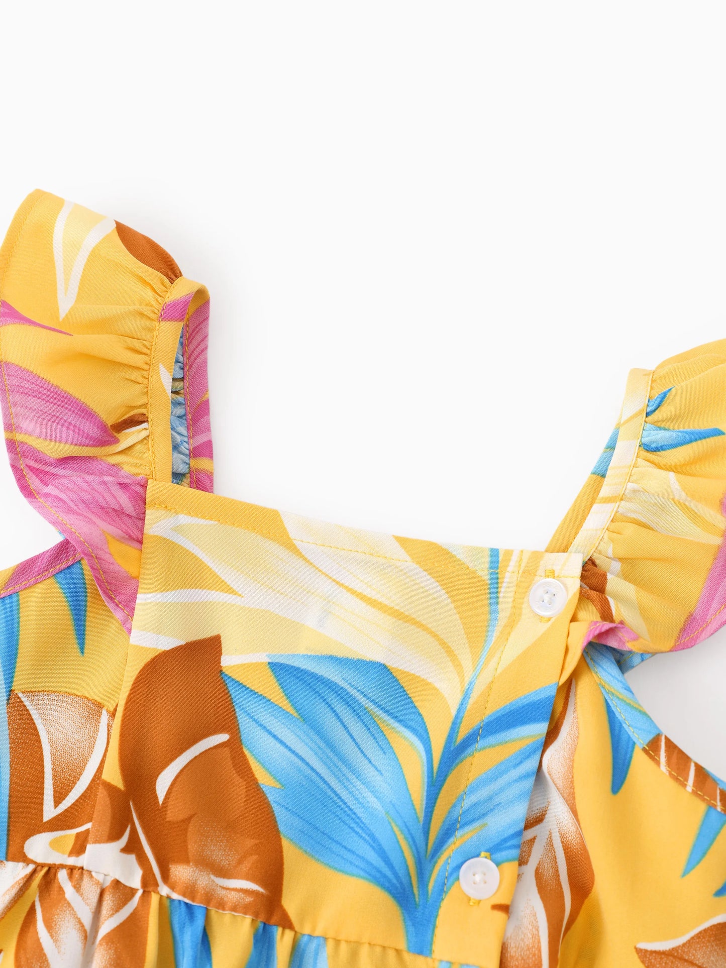 Family Matching Yellow Set Tropical Leaf Print Short-sleeve Shirt or Strap Dress Yellow
