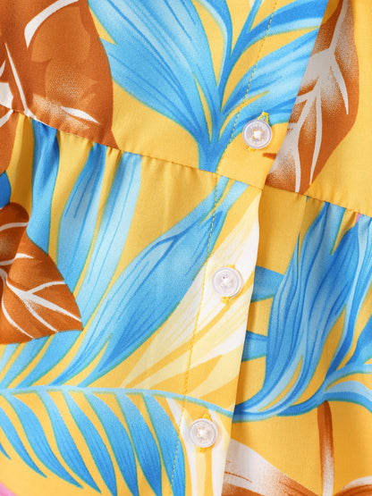 Family Matching Yellow Set Tropical Leaf Print Short-sleeve Shirt or Strap Dress Yellow