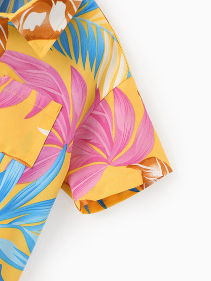 Family Matching Yellow Set Tropical Leaf Print Short-sleeve Shirt or Strap Dress Yellow