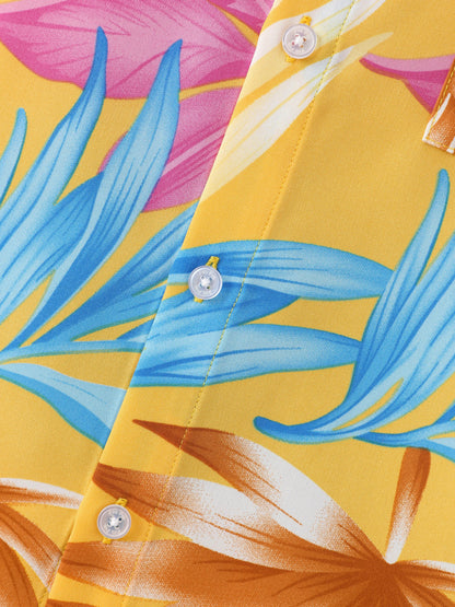 Family Matching Yellow Set Tropical Leaf Print Short-sleeve Shirt or Strap Dress Yellow