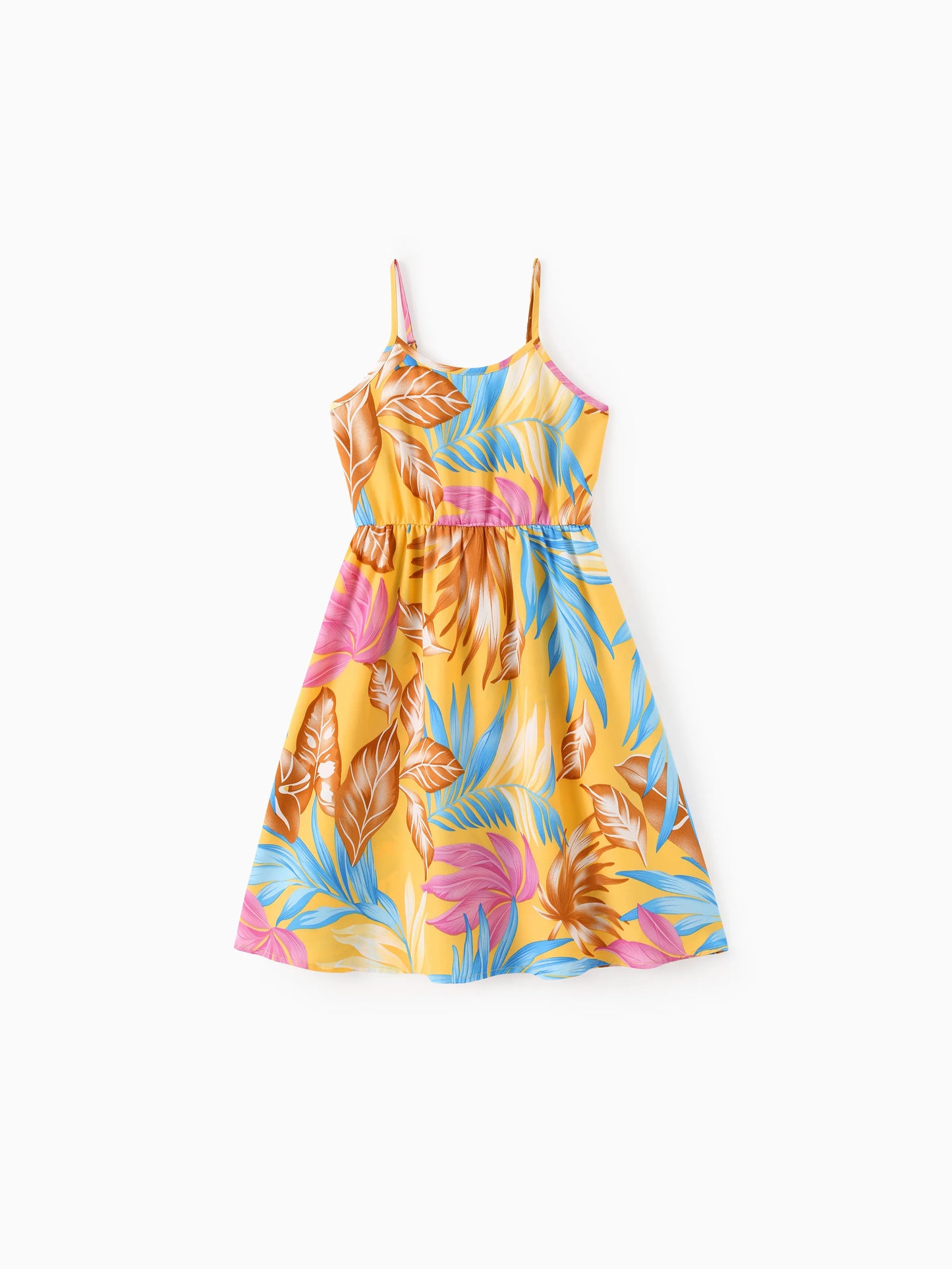Family Matching Yellow Set Tropical Leaf Print Short-sleeve Shirt or Strap Dress Yellow