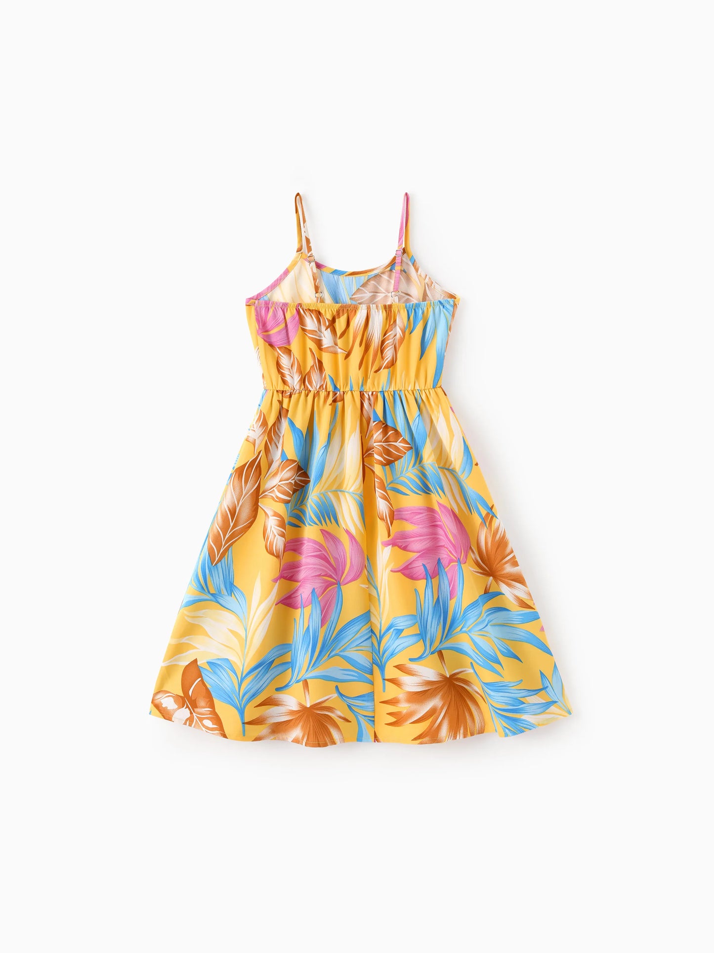 Family Matching Yellow Set Tropical Leaf Print Short-sleeve Shirt or Strap Dress Yellow
