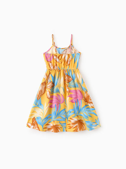 Family Matching Yellow Set Tropical Leaf Print Short-sleeve Shirt or Strap Dress Yellow