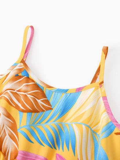 Family Matching Yellow Set Tropical Leaf Print Short-sleeve Shirt or Strap Dress Yellow