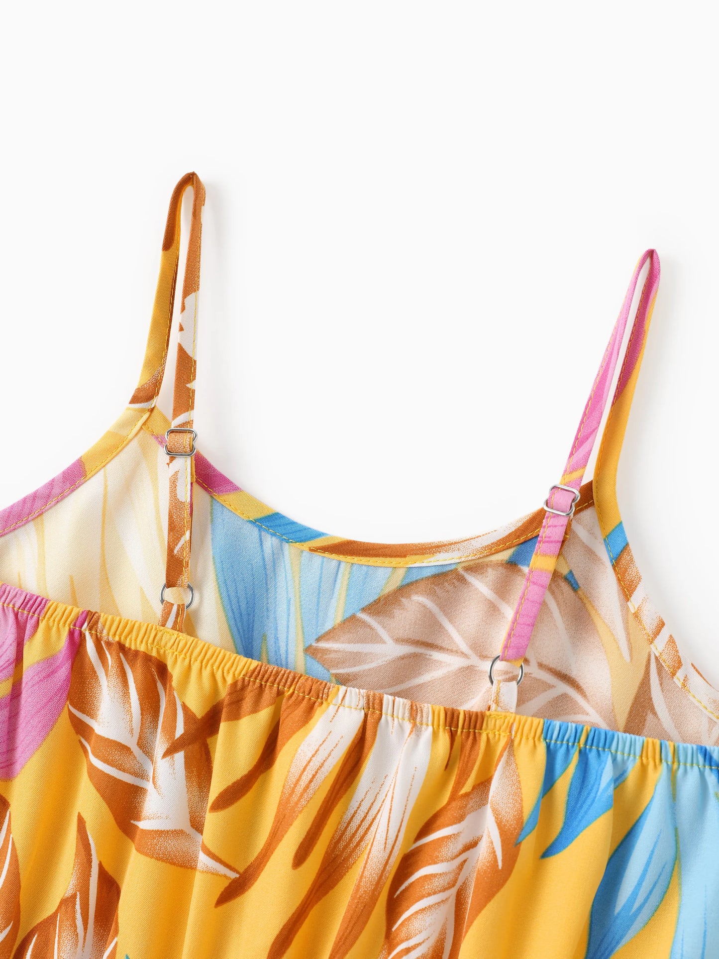 Family Matching Yellow Set Tropical Leaf Print Short-sleeve Shirt or Strap Dress Yellow