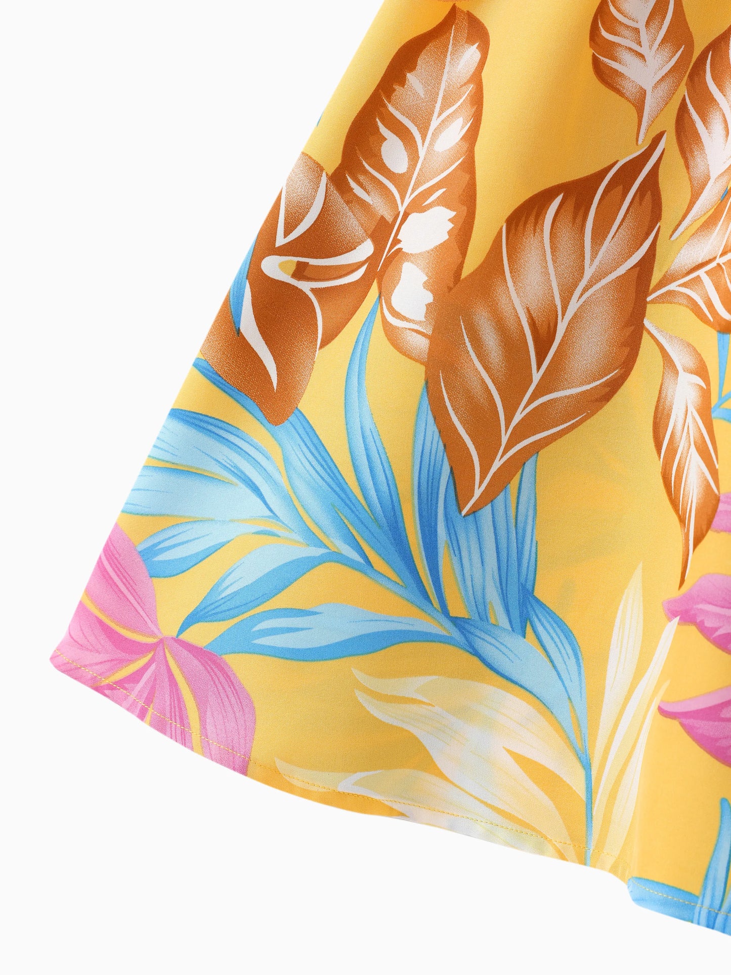 Family Matching Yellow Set Tropical Leaf Print Short-sleeve Shirt or Strap Dress Yellow