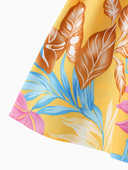 Family Matching Yellow Set Tropical Leaf Print Short-sleeve Shirt or Strap Dress Yellow