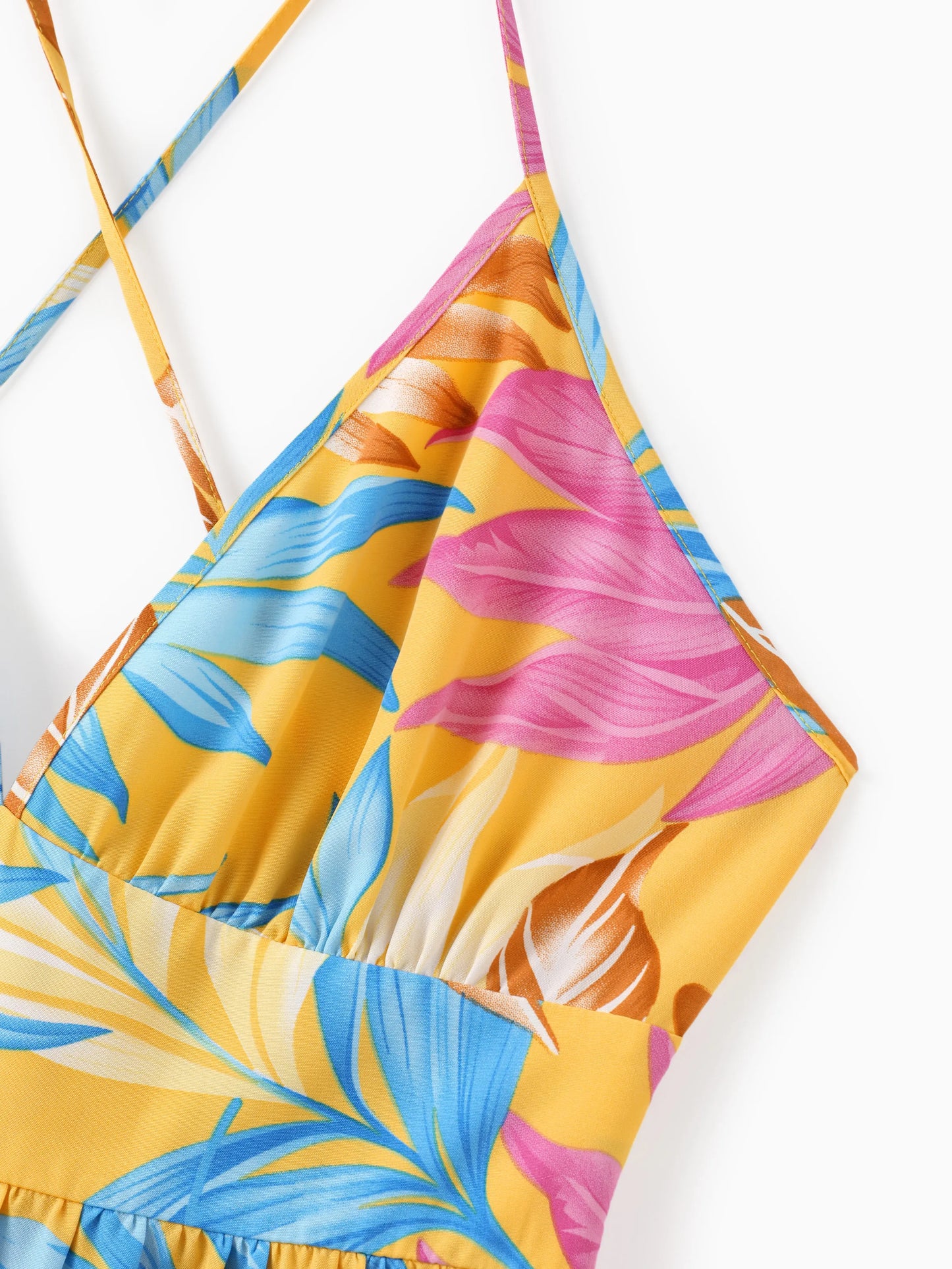 Family Matching Yellow Set Tropical Leaf Print Short-sleeve Shirt or Strap Dress Yellow
