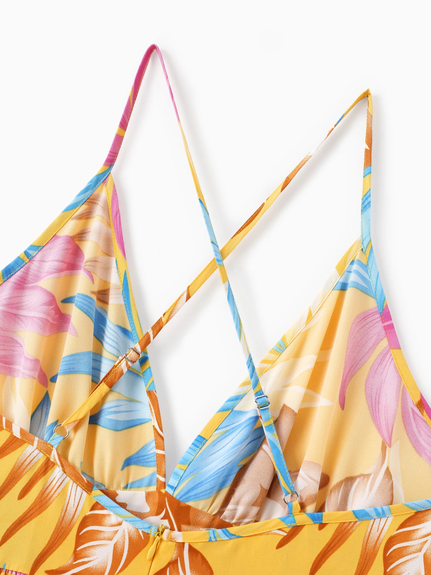 Family Matching Yellow Set Tropical Leaf Print Short-sleeve Shirt or Strap Dress Yellow
