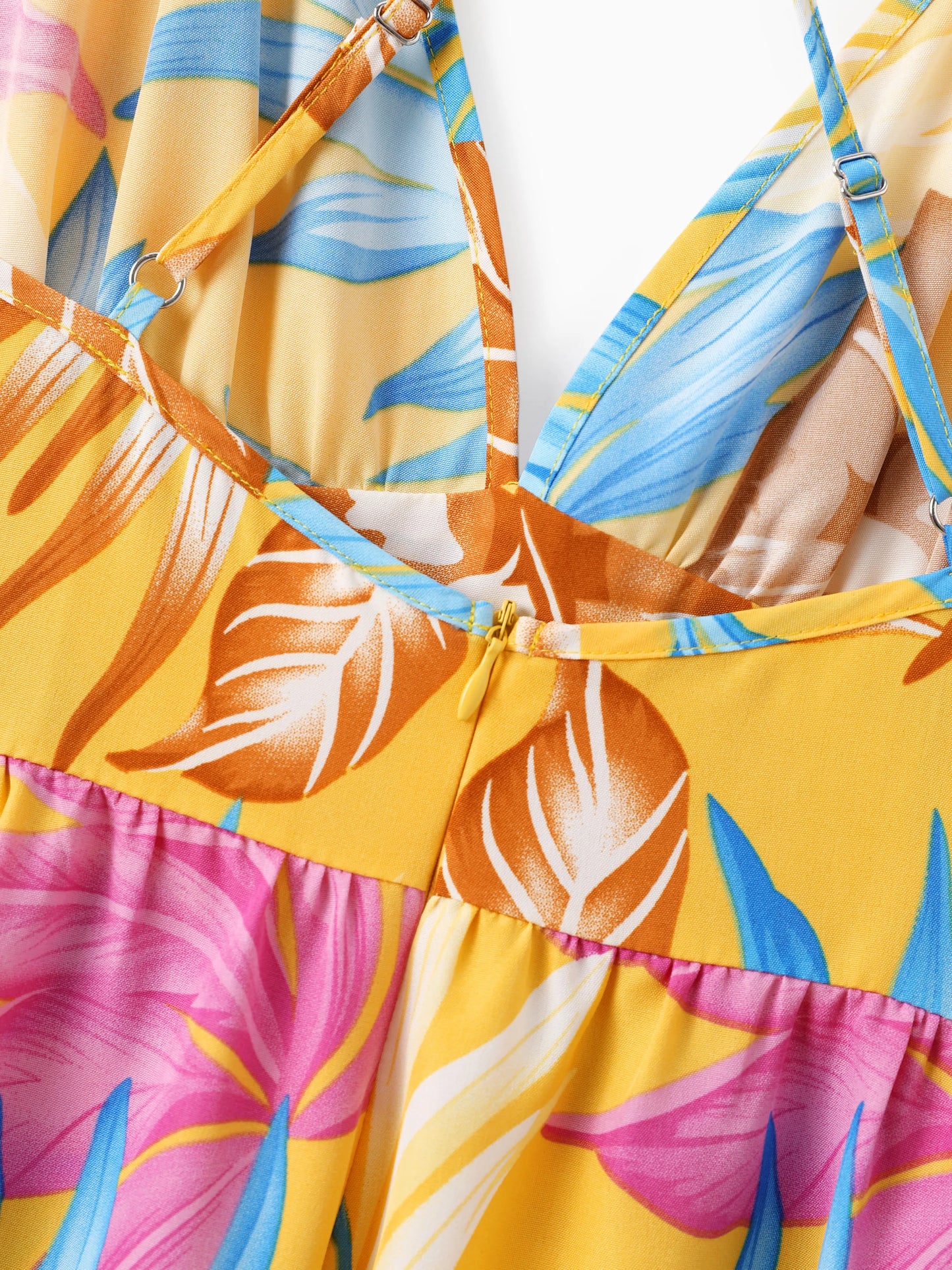 Family Matching Yellow Set Tropical Leaf Print Short-sleeve Shirt or Strap Dress Yellow