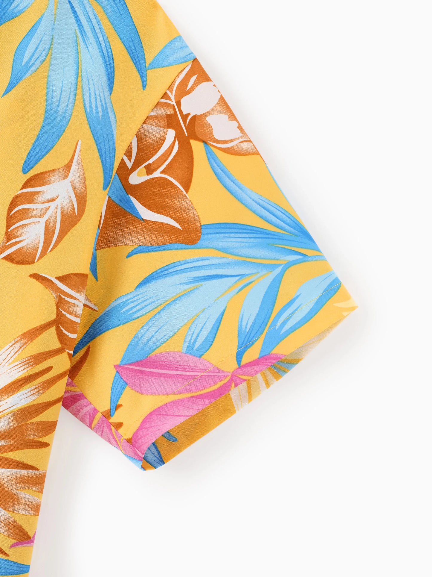 Family Matching Yellow Set Tropical Leaf Print Short-sleeve Shirt or Strap Dress Yellow