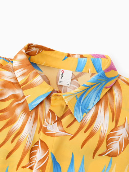 Family Matching Yellow Set Tropical Leaf Print Short-sleeve Shirt or Strap Dress Yellow
