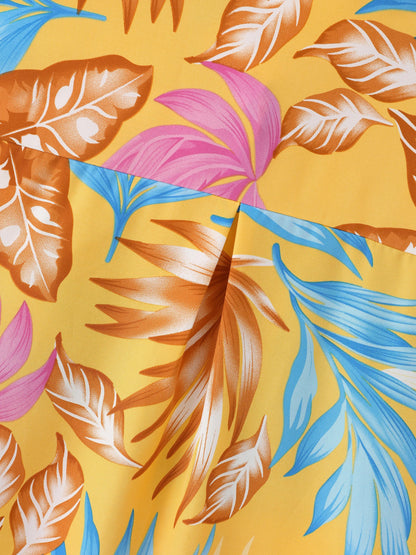 Family Matching Yellow Set Tropical Leaf Print Short-sleeve Shirt or Strap Dress Yellow