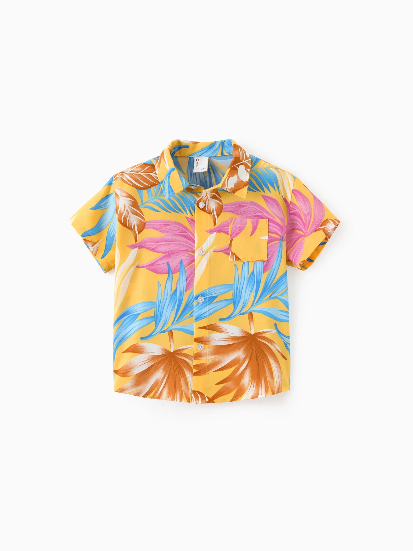 Family Matching Yellow Set Tropical Leaf Print Short-sleeve Shirt or Strap Dress Yellow