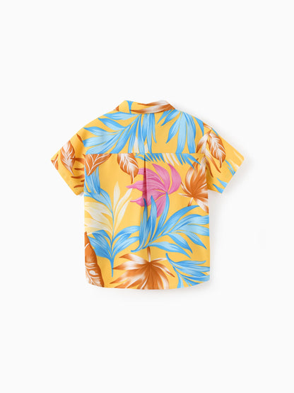 Family Matching Yellow Set Tropical Leaf Print Short-sleeve Shirt or Strap Dress Yellow