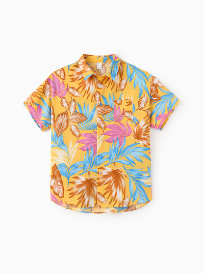 Family Matching Yellow Set Tropical Leaf Print Short-sleeve Shirt or Strap Dress Yellow