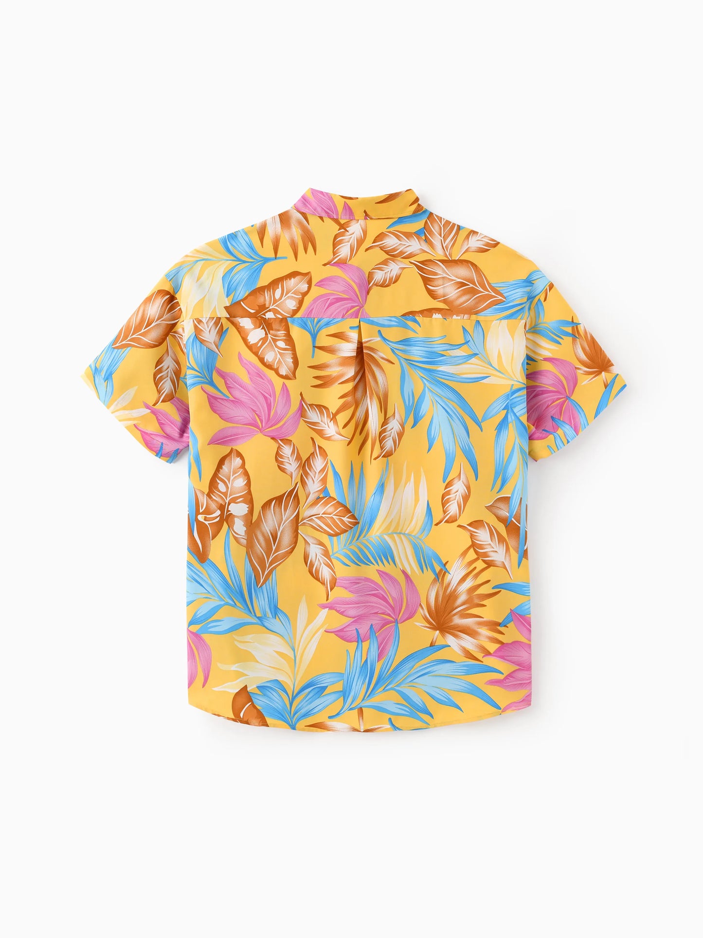 Family Matching Yellow Set Tropical Leaf Print Short-sleeve Shirt or Strap Dress Yellow