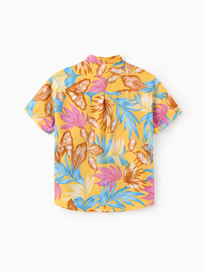 Family Matching Yellow Set Tropical Leaf Print Short-sleeve Shirt or Strap Dress Yellow