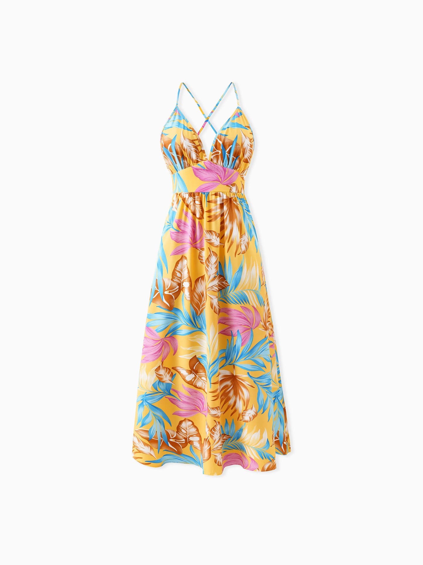 Family Matching Yellow Set Tropical Leaf Print Short-sleeve Shirt or Strap Dress Yellow