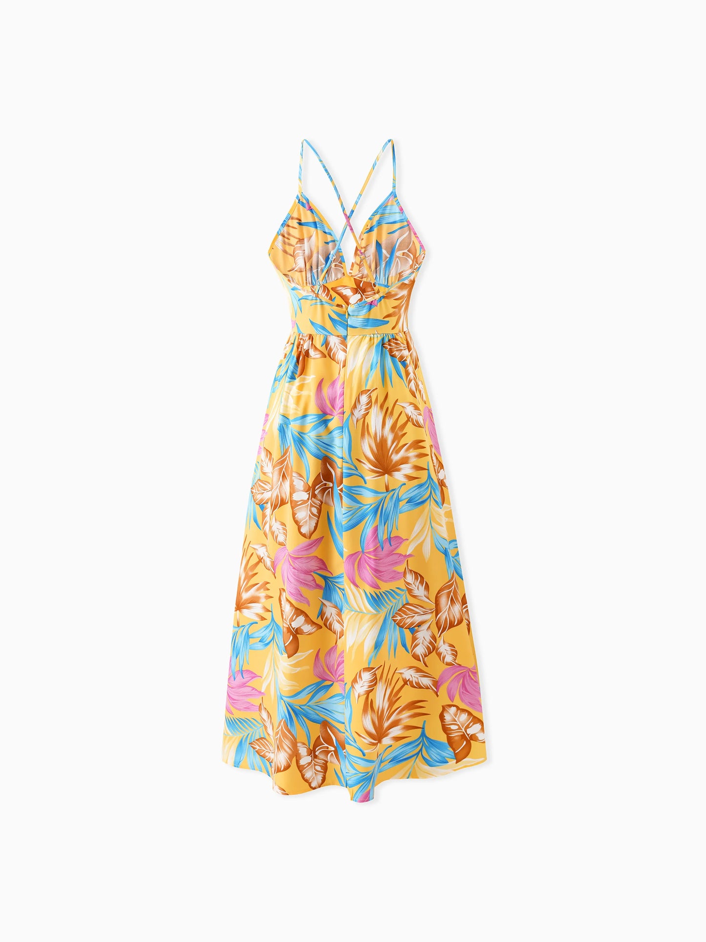 Family Matching Yellow Set Tropical Leaf Print Short-sleeve Shirt or Strap Dress Yellow