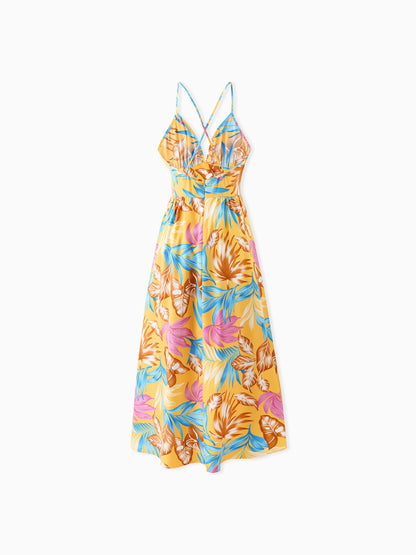 Family Matching Yellow Set Tropical Leaf Print Short-sleeve Shirt or Strap Dress Yellow