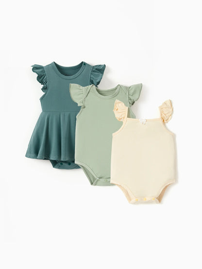 Bamboo Baby Girl Solid Color 3-Piece Rompers Set Green