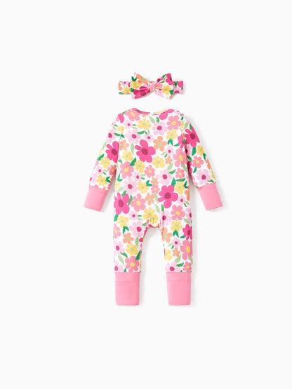 Bamboo Baby Boy/Girl Animal Printed 2-Way Zipper Anti Slip Long-sleeve Footie with/without Hairband Dark Pink