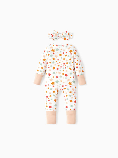 Bamboo Baby Boy/Girl Animal Printed 2-Way Zipper Anti Slip Long-sleeve Footie with/without Hairband Apricot