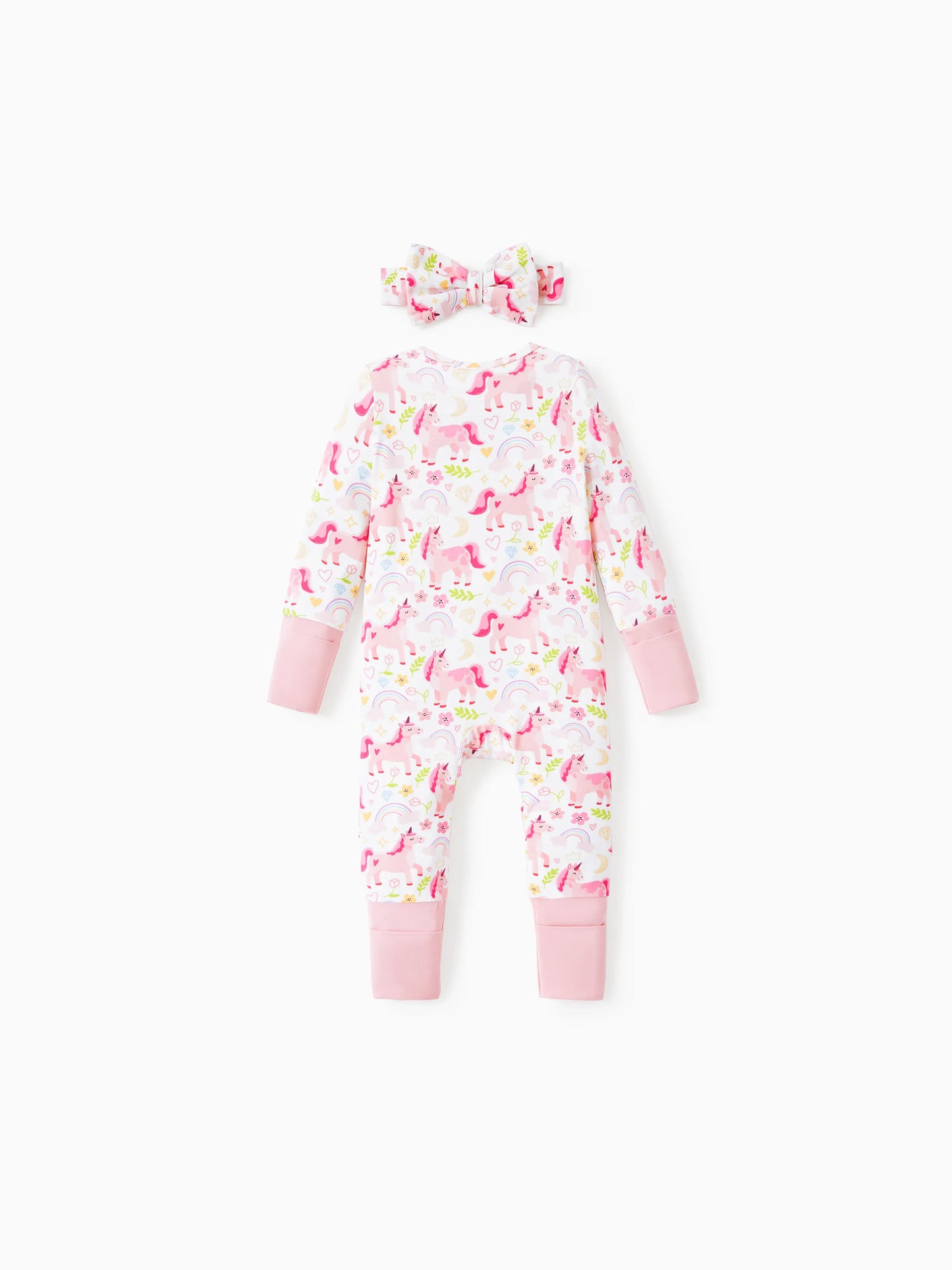 Bamboo Baby Boy/Girl Animal Printed 2-Way Zipper Anti Slip Long-sleeve Footie with/without Hairband Pink