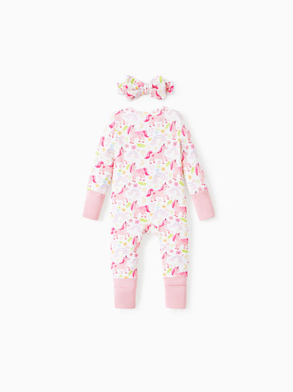 Bamboo Baby Boy/Girl Animal Printed 2-Way Zipper Anti Slip Long-sleeve Footie with/without Hairband Pink