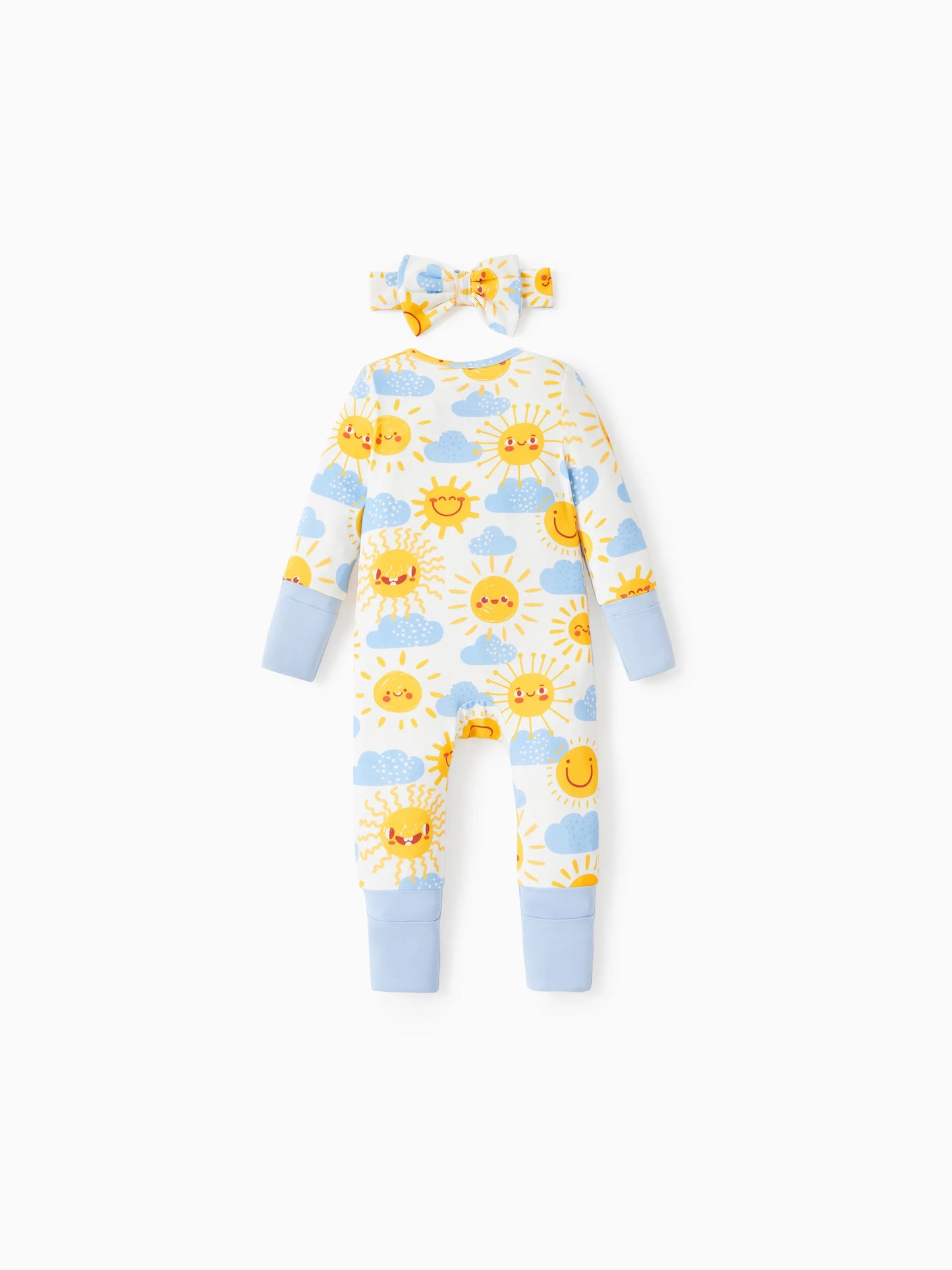 Bamboo Baby Boy/Girl Animal Printed 2-Way Zipper Anti Slip Long-sleeve Footie with/without Hairband Light Blue