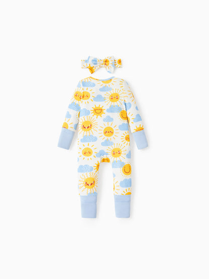 Bamboo Baby Boy/Girl Animal Printed 2-Way Zipper Anti Slip Long-sleeve Footie with/without Hairband Light Blue