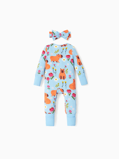 Bamboo Baby Boy/Girl Animal Printed 2-Way Zipper Anti Slip Long-sleeve Footie with/without Hairband Turquoise