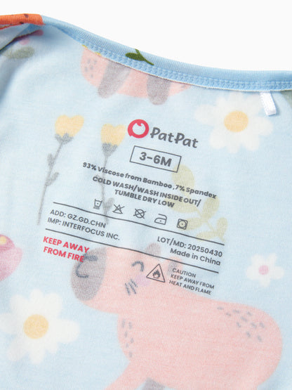 Bamboo Baby Boy/Girl Animal Printed 2-Way Zipper Anti Slip Long-sleeve Footie with/without Hairband Turquoise
