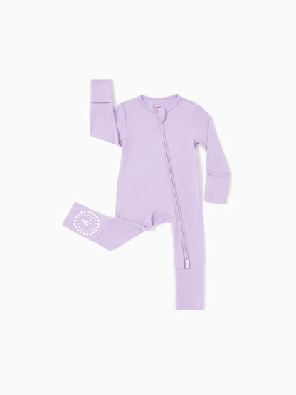 Bamboo Baby Boy / Girl 3-Pack Solid&Rainbow Printed 2-Way Zip Romper Anti Slip Long-sleeve Footie Purple