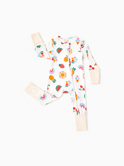 Bamboo Baby Boy / Girl 3-Pack Solid&Rainbow Printed 2-Way Zipper Anti Slip Long-sleeve Footie Pink